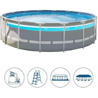 Каркасный бассейн INTEX PRISM FRAME CLEARVIEW 488х122см, 19156л, фил.-насос 5678л\ч, лестн., тент, подст., 26730